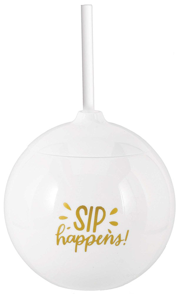 Clear round ball cup with a tall clear straw and gold "Sip Happens!" text on the front.
