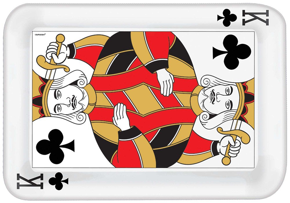 White serving tray featuring a large King of Clubs playing card design in red, black, and yellow colors.