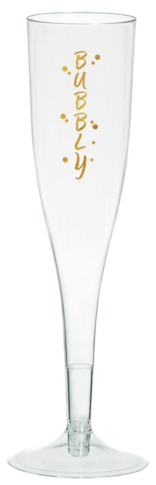 Clear plastic champagne glass with gold "bubbly" text in a playful vertical font, 5.5 oz.