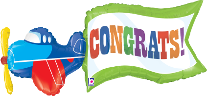 Blue and red airplane-shaped foil balloon with yellow propeller towing a green banner that says "CONGRATS!" in colorful.