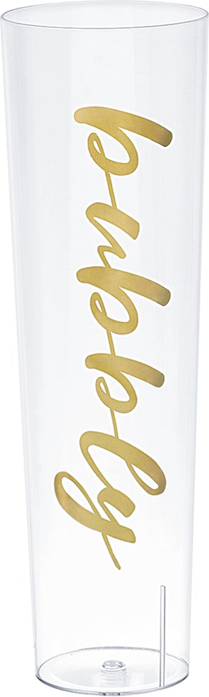 Clear stemless champagne glass with gold "Cheers" lettering in a modern script, 9oz capacity.