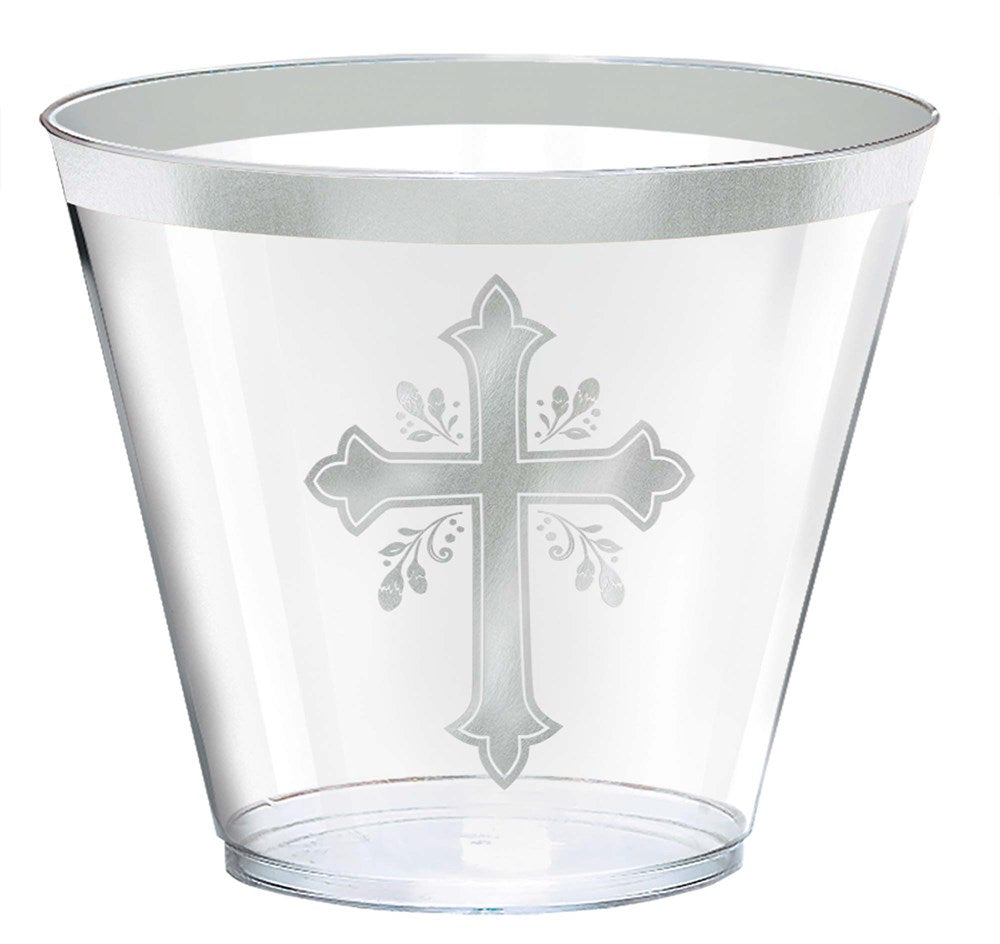 Clear plastic tumbler with silver cross and decorative accents, silver rim, 9-ounce capacity.