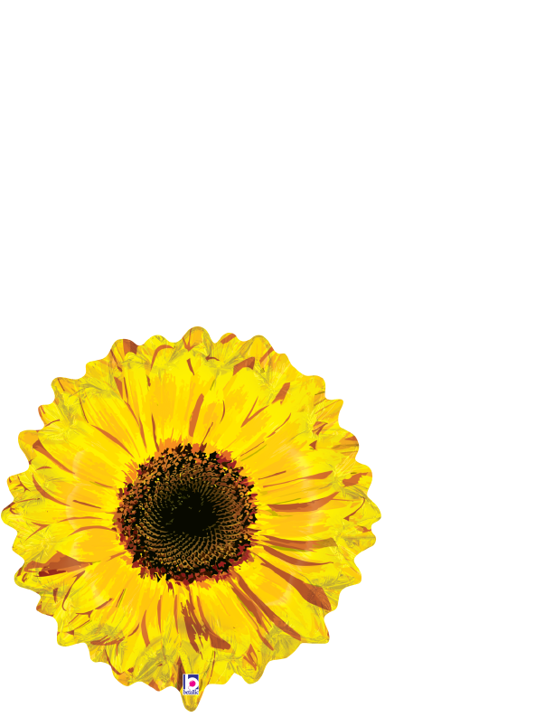 Yellow foil balloon shaped like a large sunflower with detailed petals and dark brown center, 20 inches wide.