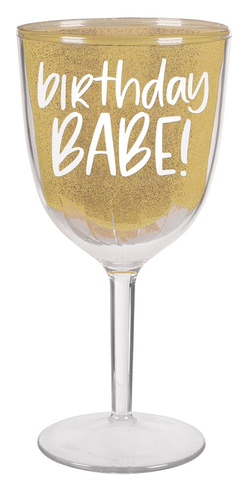 Clear 12 oz wine goblet with gold glitter interior and white "Birthday Babe!" text on front.