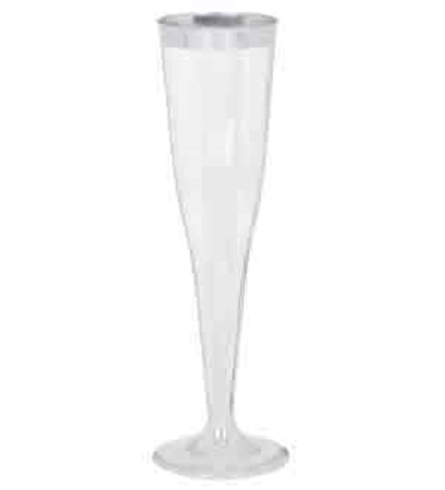 Clear champagne flute with silver trim around the rim on a transparent stem.