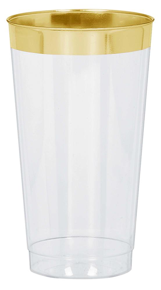 Clear plastic tumbler with a wide gold trim rim, 16 ounces, smooth cylindrical shape.