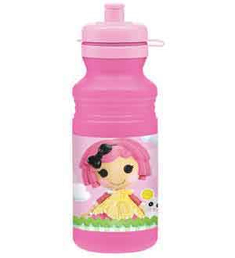 Pink plastic drink bottle with a cartoon girl in a yellow dress and pink hair on the label.