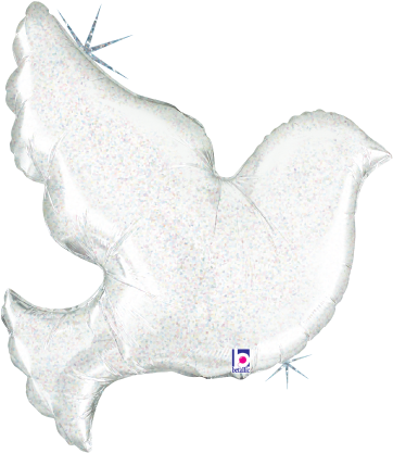 Pearl white holographic dove-shaped foil balloon with a shiny, iridescent surface, 31 inches tall.