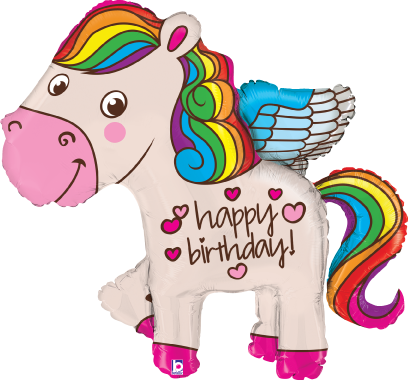 36-inch rainbow-colored pony-shaped foil balloon with wings and "happy birthday!" text.