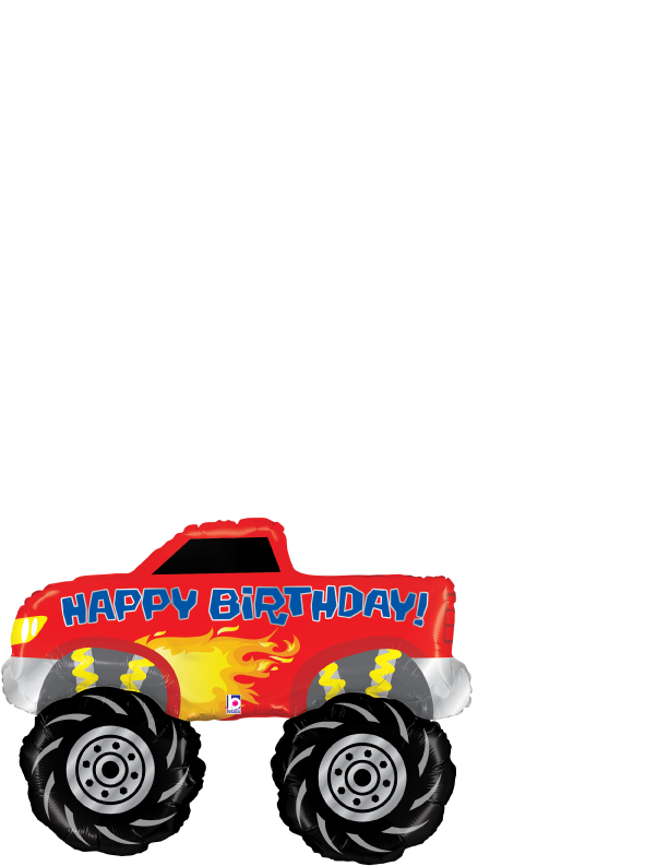 34-inch red monster truck foil balloon with "Happy Birthday" text and flame graphics.