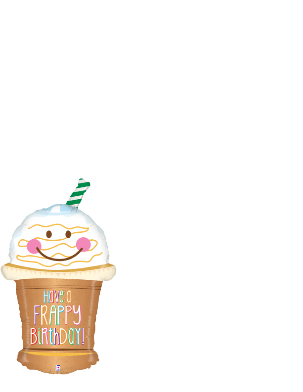 27-inch foil balloon shaped like a smiling frappuccino with whipped cream, straw, and "Have a Frappy Birthday!" text.