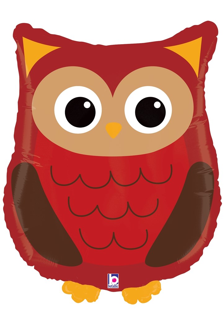 Red and brown owl-shaped foil balloon with large eyes and yellow beak, 23 inches tall.