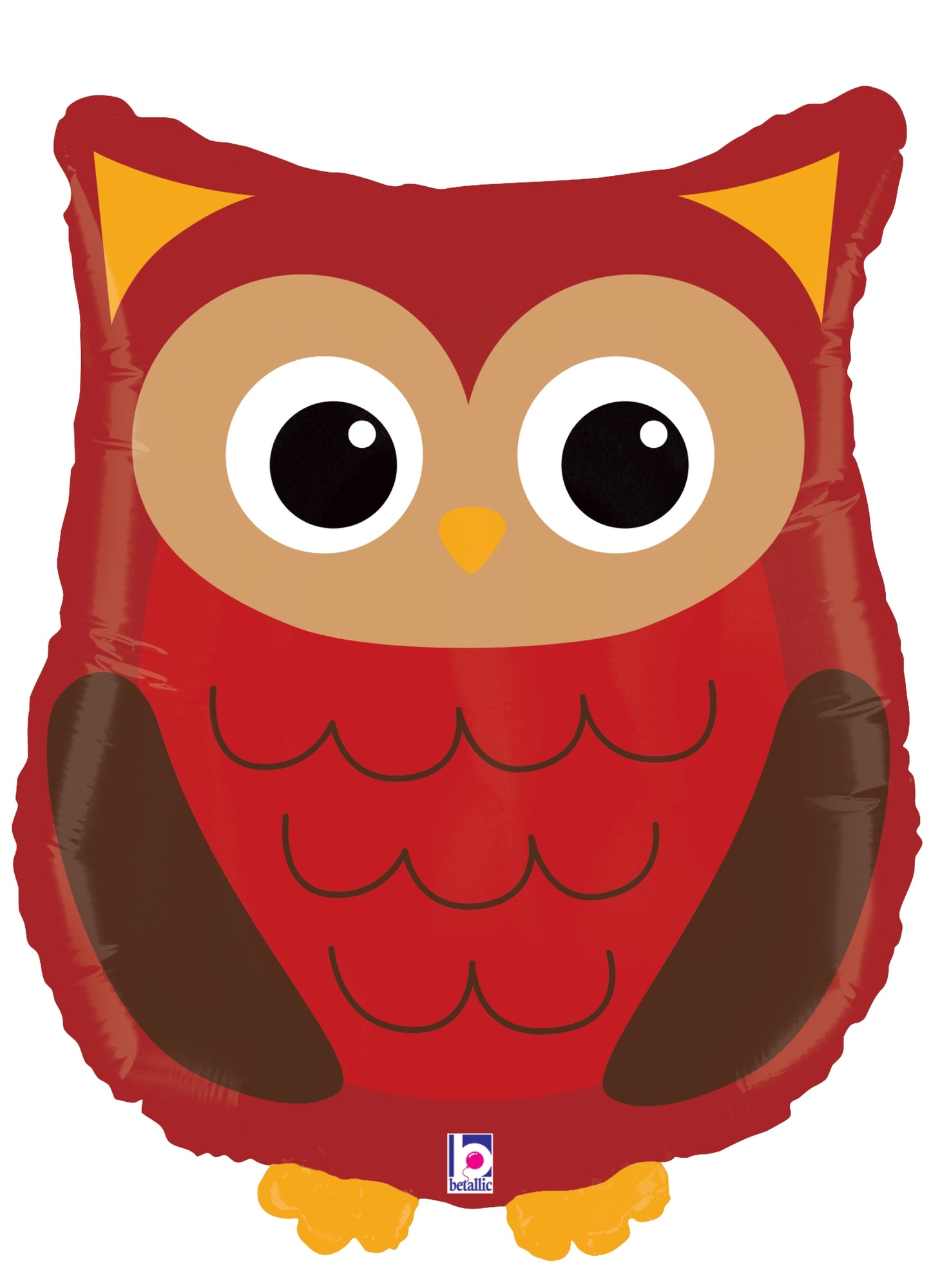 Red and brown owl-shaped foil balloon with large eyes and scalloped wing details, 23 inches tall.