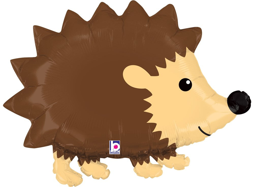 Brown and tan hedgehog-shaped foil balloon with black nose and smiling face, 26 inches tall.