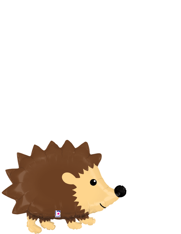 Brown and beige foil balloon shaped like a smiling woodland hedgehog with detailed spines and a black nose.