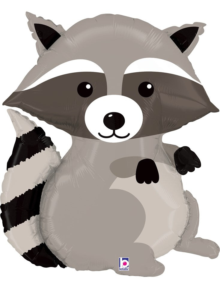 30-inch foil balloon shaped like a cute gray raccoon with black and white striped tail and expressive eyes.