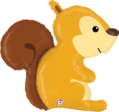 29-inch foil balloon shaped like a cartoon woodland squirrel with yellow body and brown tail.