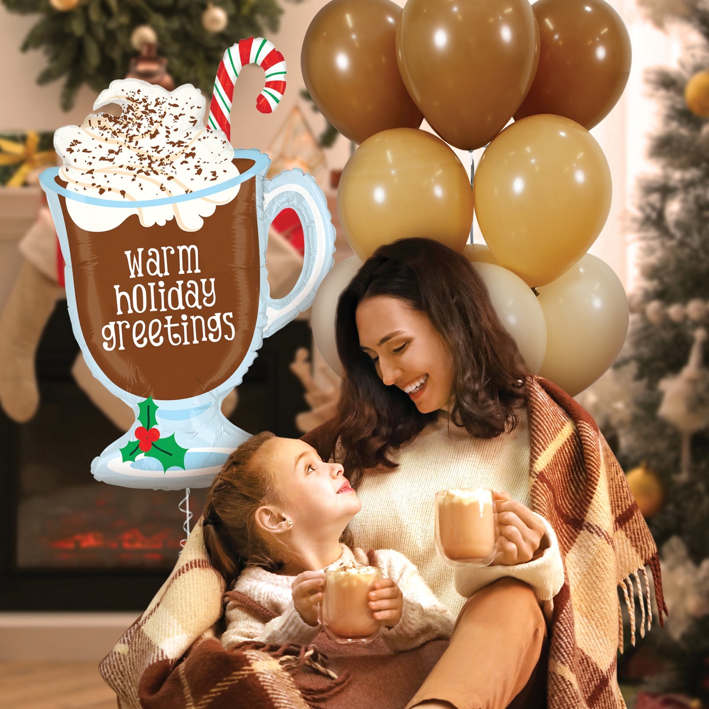 30-inch foil balloon shaped like a brown hot chocolate mug with whipped cream, candy cane, and "Warm Holiday Greetings" text.