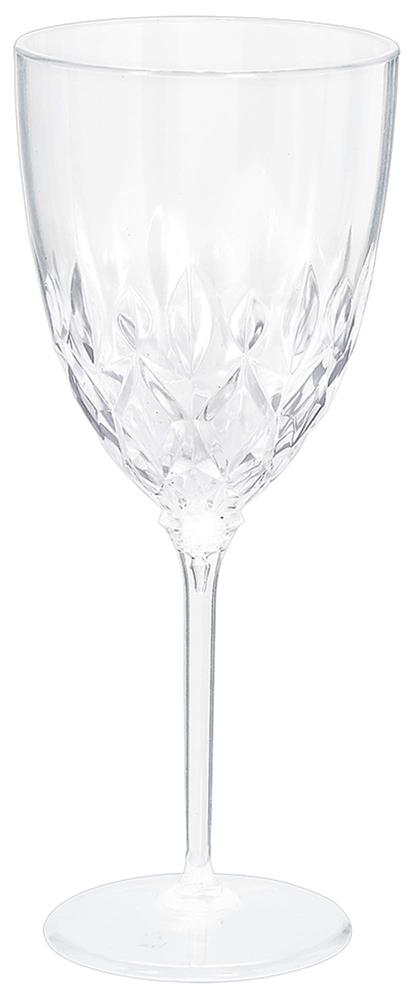 Clear crystal-look wine glass with faceted bowl, slender stem, and round base.