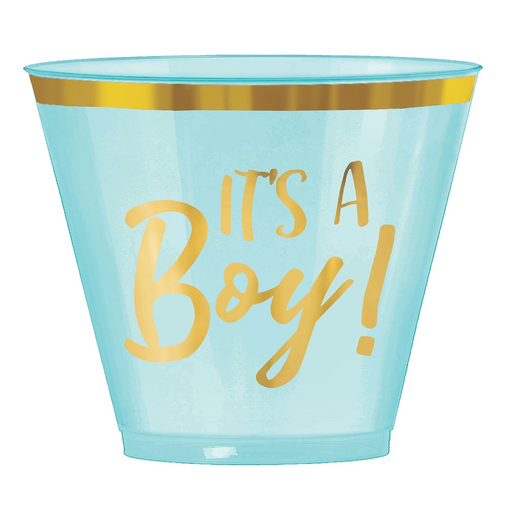 Light blue plastic tumbler with gold rim and "It's a Boy!" in gold script on front.