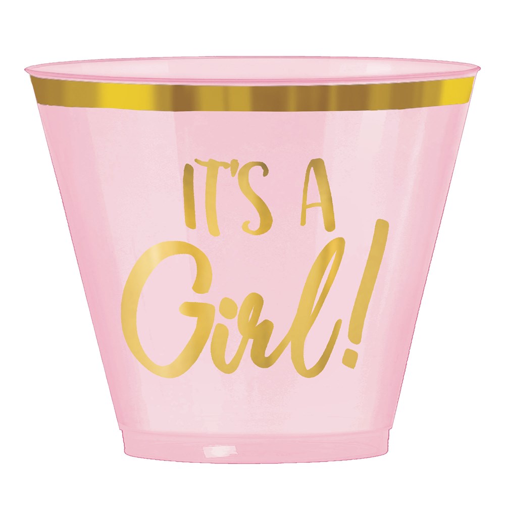 Pink plastic tumbler with gold foil rim and "It's a Girl!" text in gold foil.
