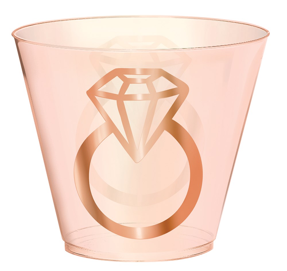 Pink translucent plastic tumbler with rose gold diamond ring graphic, 9-ounce capacity.