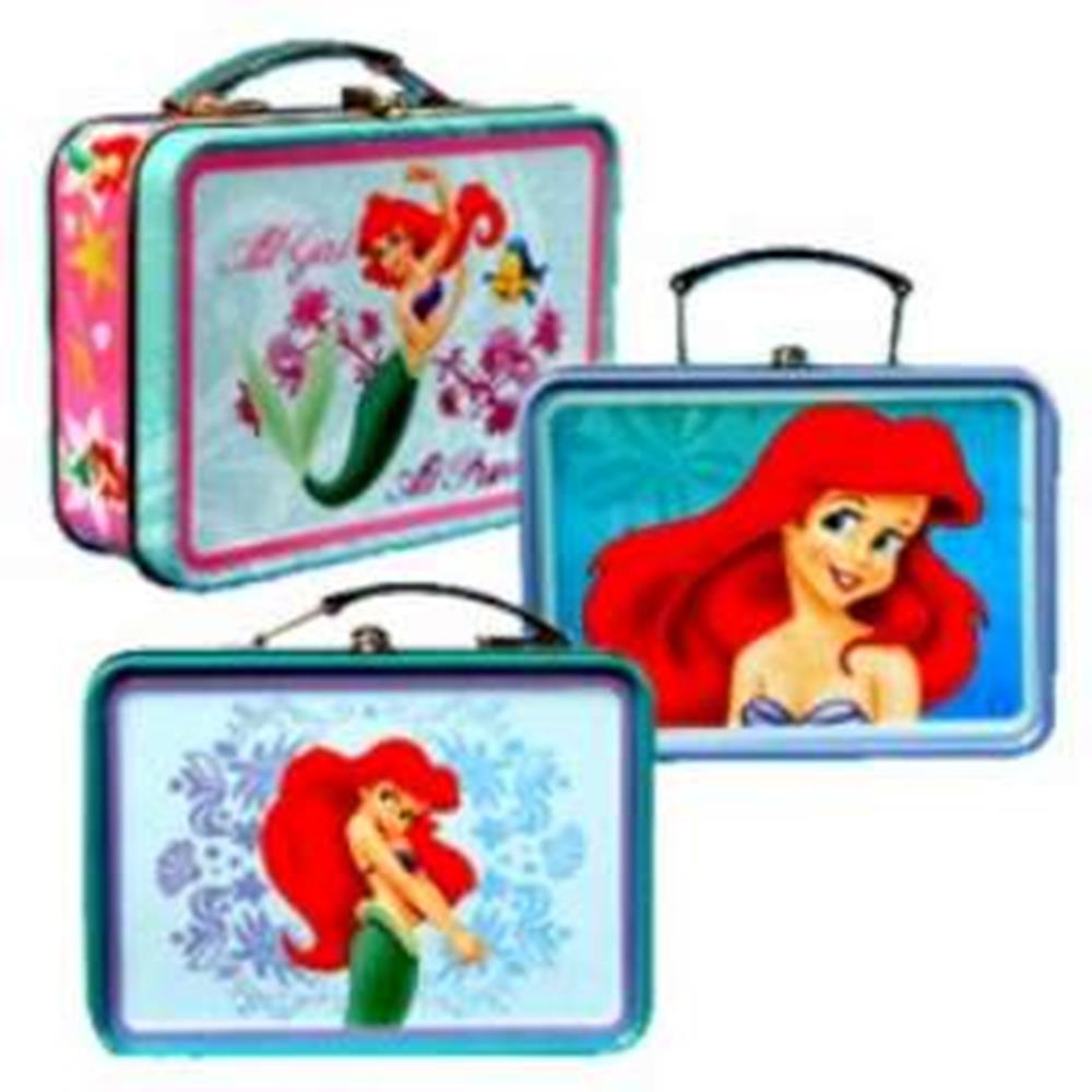 Rectangular metal lunchbox with Ariel the mermaid from Disney’s The Little Mermaid on light blue backgrounds, featuring.