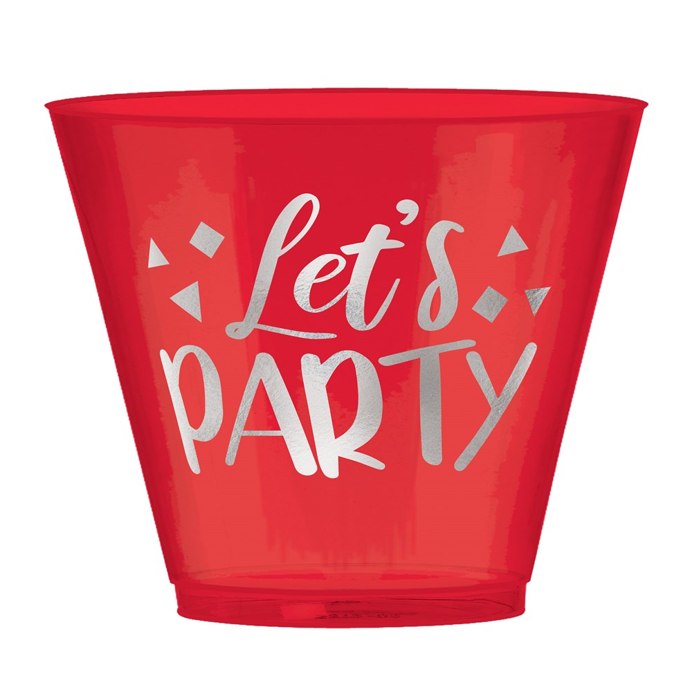 Red translucent plastic tumbler with "Let's Party" in white festive lettering and confetti designs.
