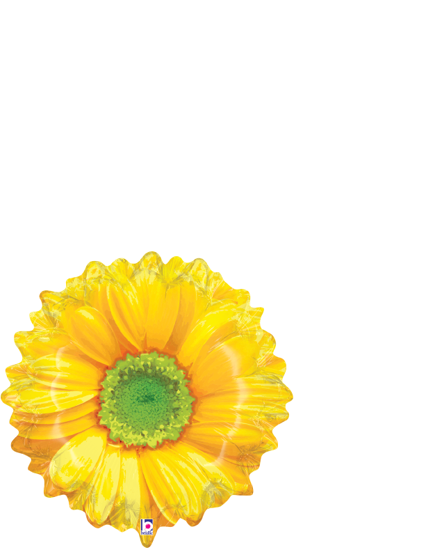 Bright yellow sunflower-shaped foil balloon with green center, 20-inch size.