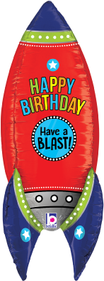 33-inch multi-sided foil rocket balloon with red, blue, and green colors, "Happy Birthday Have a Blast!" text.