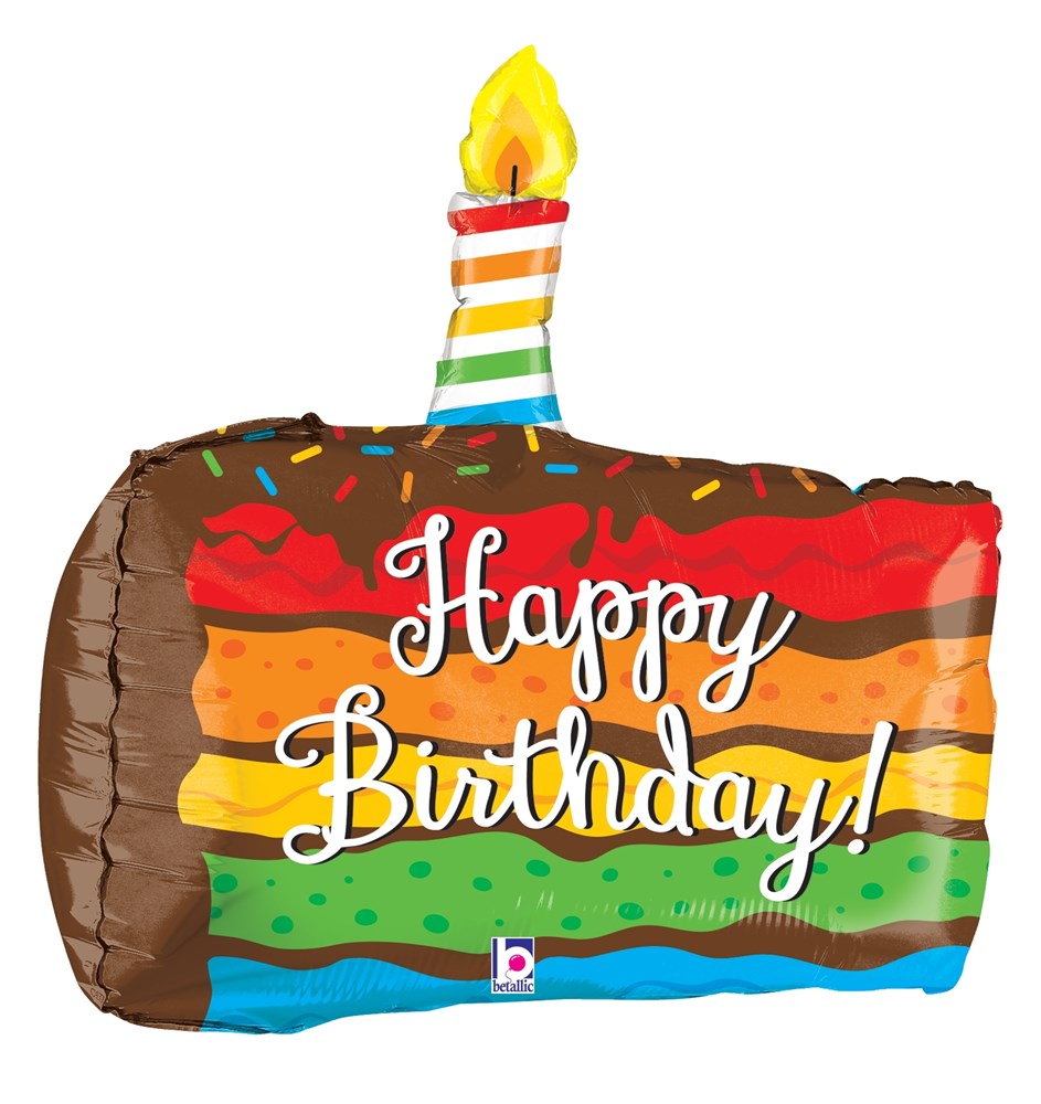 20-inch multi-sided foil balloon shaped like a rainbow birthday cake slice with a striped candle and colorful sprinkles.