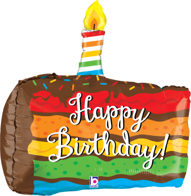 20-inch foil balloon shaped like a rainbow-striped birthday cake slice with a lit candle and "Happy Birthday!" text.
