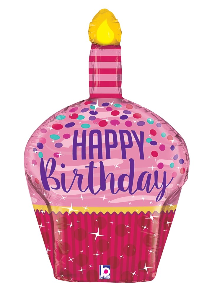 Pink foil cupcake-shaped balloon with multicolored confetti, purple "Happy Birthday" text, and yellow flame candle topper.