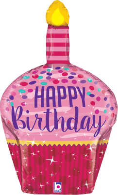 Pink foil cupcake balloon with lit candle, multicolored confetti, and "Happy Birthday" text.