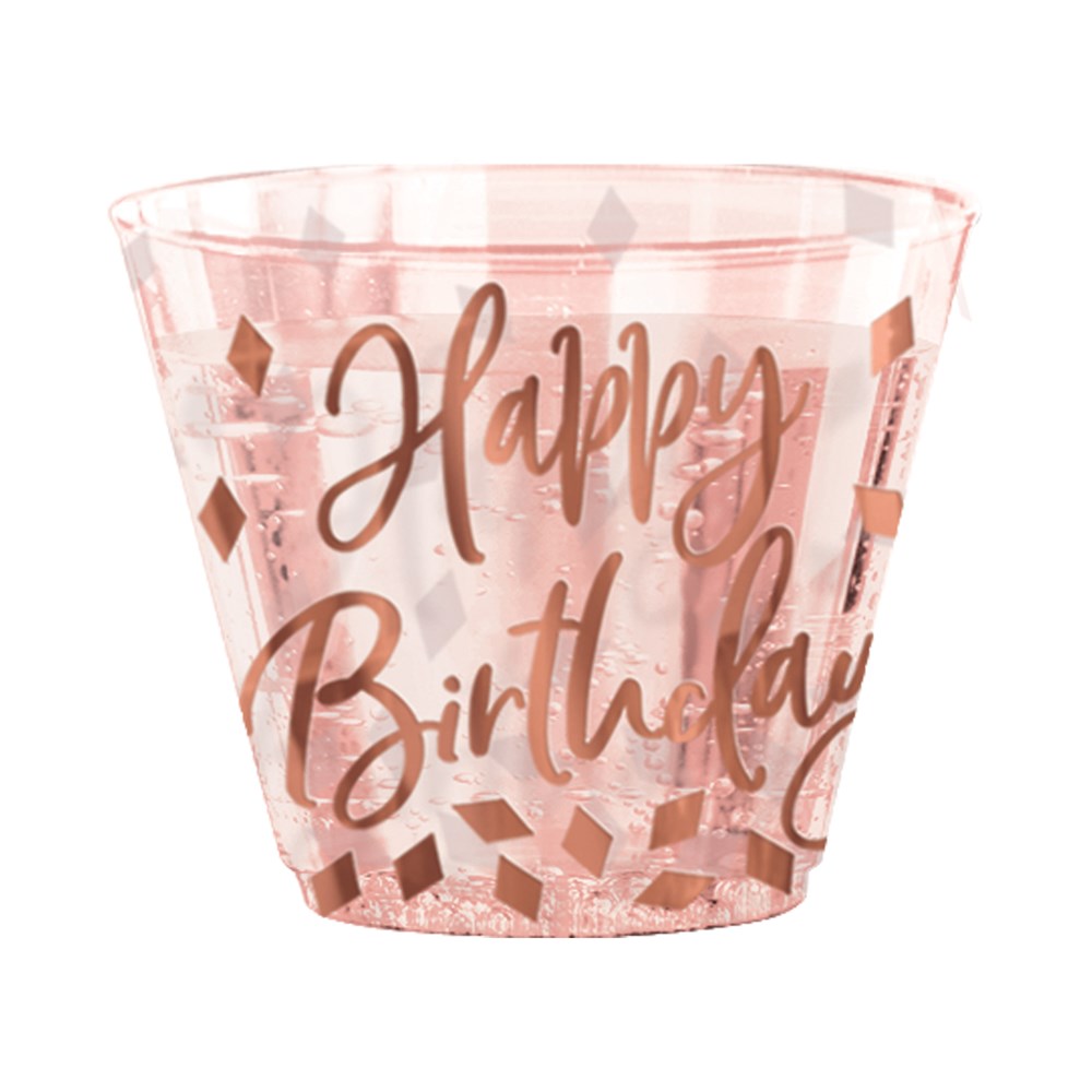 Clear blush pink plastic cup with rose gold "Happy Birthday" script and confetti details.