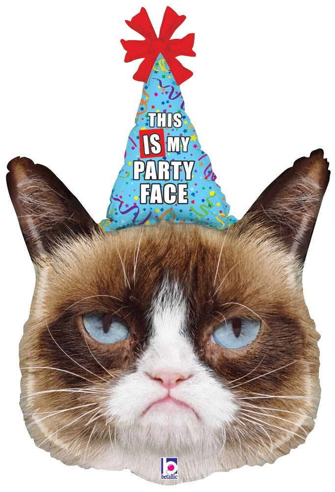 29-inch foil balloon shaped like Grumpy Cat's face wearing a blue party hat with red bow and "This Is My Party Face" text.