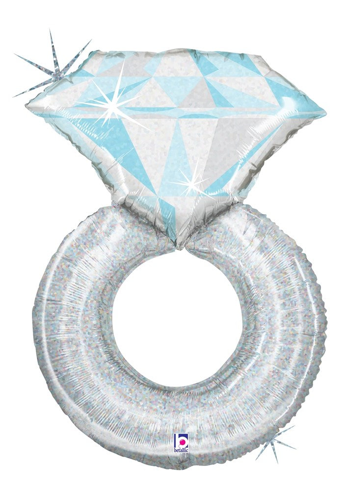 Silver holographic foil balloon shaped like a diamond ring with sparkling facets and a large clear gem on top.