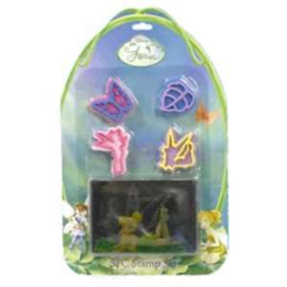 Five-piece foam stamp set featuring colorful Tinkerbell-themed shapes including a butterfly, acorn, fairy silhouette, and.
