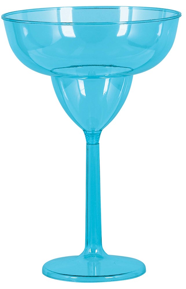 Tall, bright turquoise plastic margarita glass with wide bowl and sturdy stem.