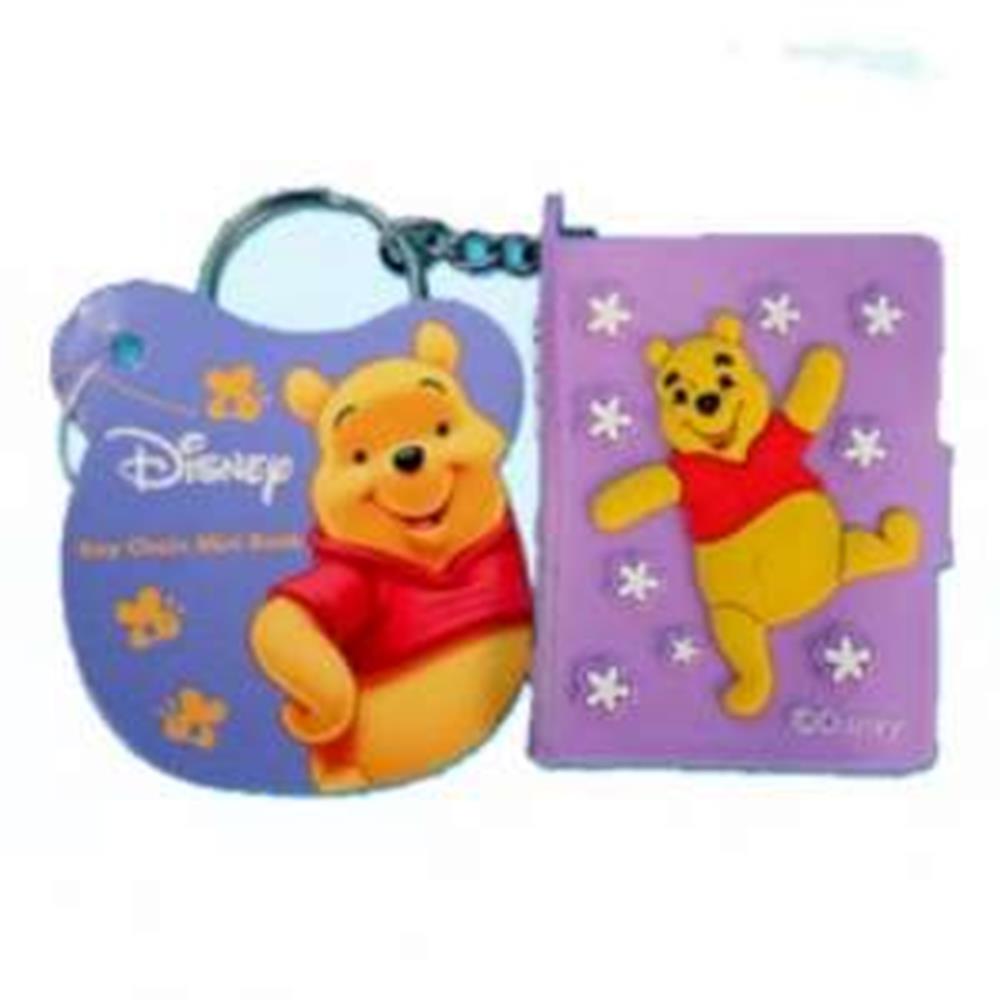 Purple rectangular mini notebook with Winnie the Pooh on cover and attached Pooh-shaped keychain.