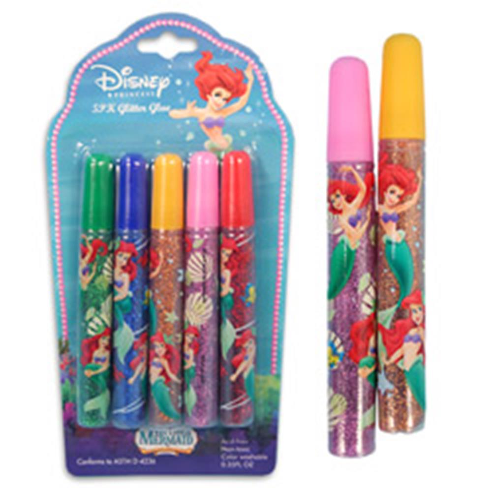 Set of five glitter glue tubes with colorful caps in green, blue, purple, pink, and orange, decorated with Ariel the Little.