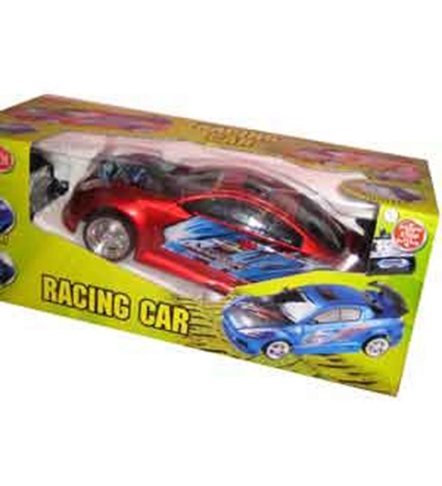 Red and black remote control racing car with sleek aerodynamic design in yellow packaging.
