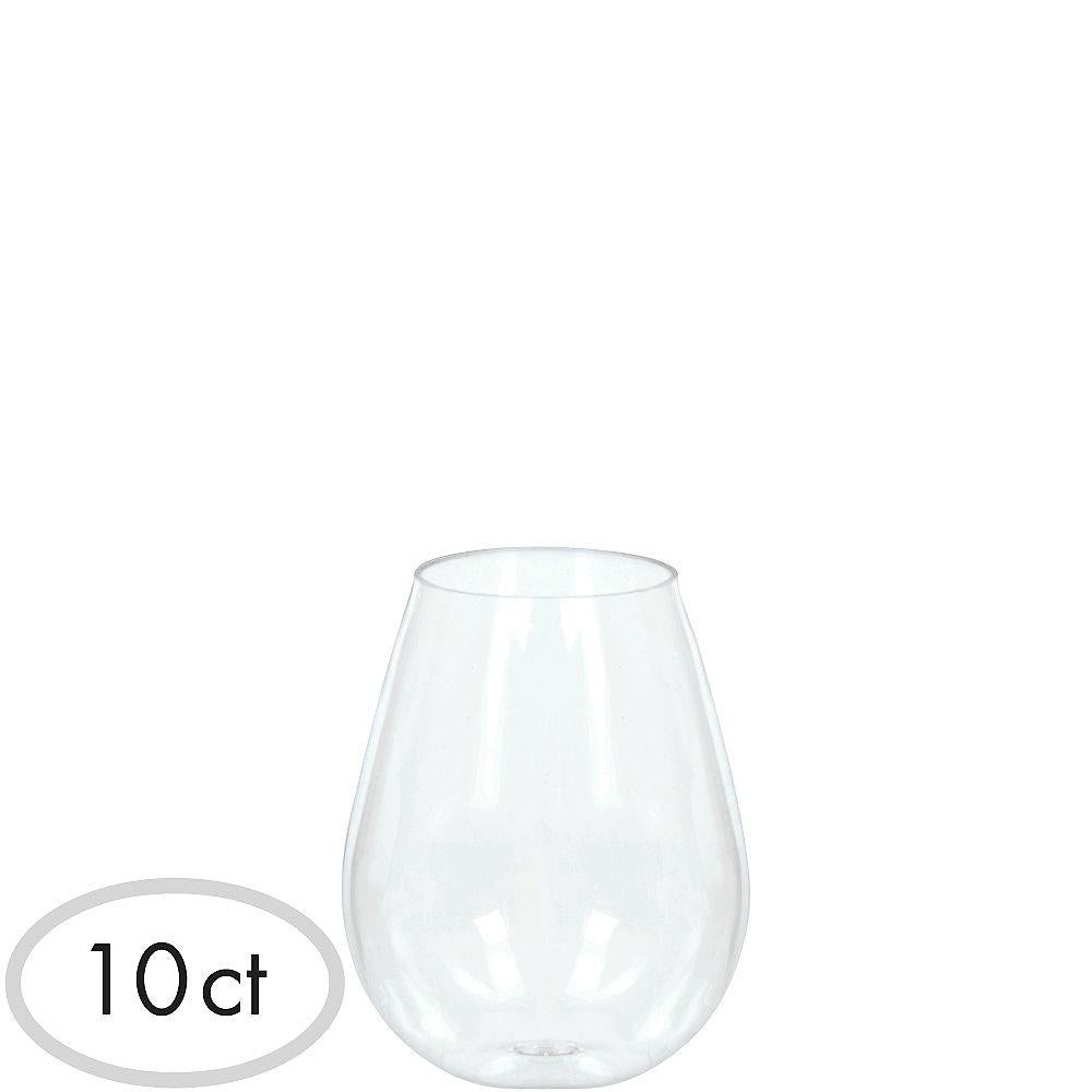 Set of ten clear stemless wine glasses, 4-ounce capacity, rounded shape.