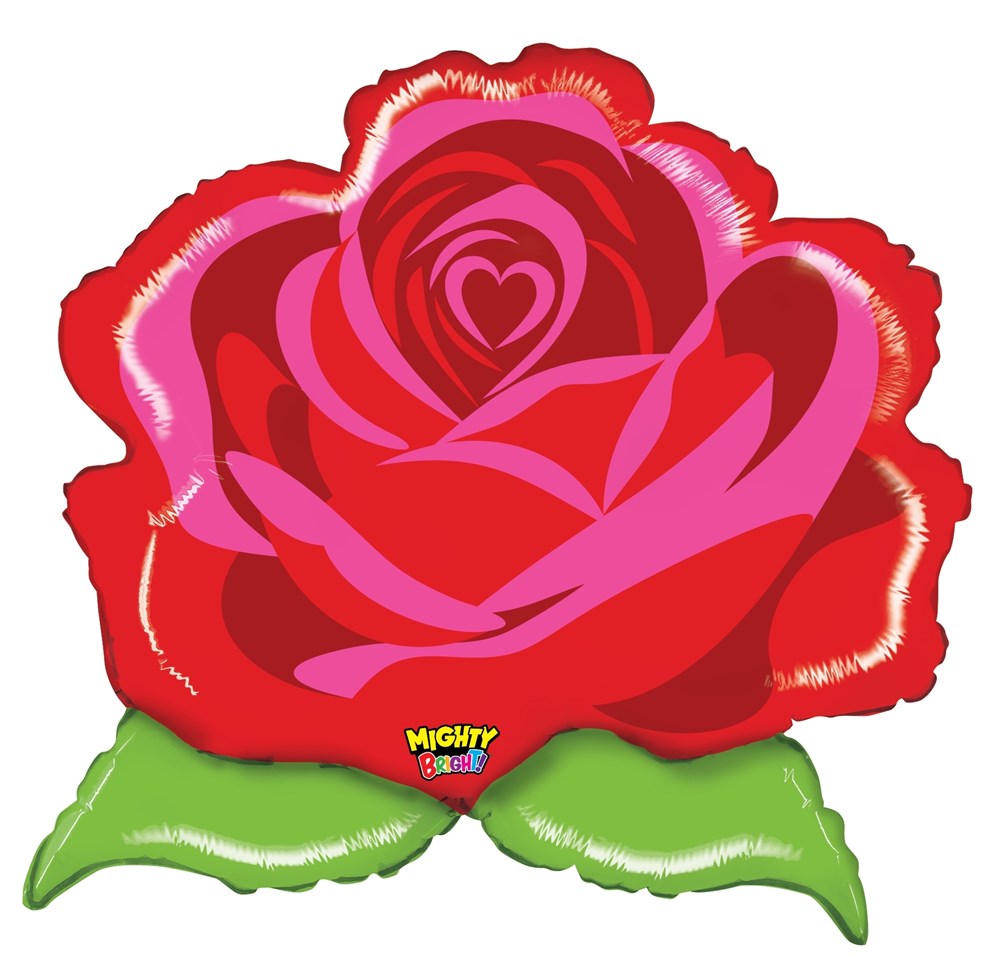 Red and pink rose-shaped foil balloon with green leaves and scalloped edges.