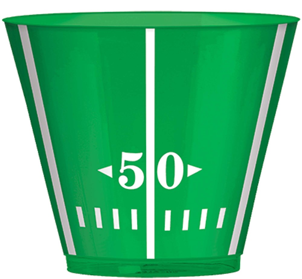 Green plastic tumbler with white football field yard lines and number 50 design.