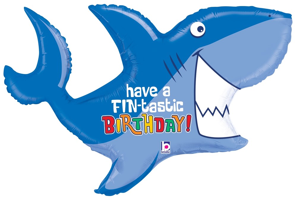 Blue shark-shaped foil balloon with white belly and teeth, "Have a FIN-tastic BIRTHDAY!" text in colorful letters.