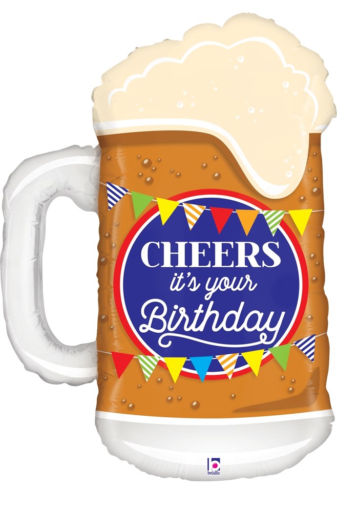 29-inch clear beer mug balloon with frothy top and colorful "Cheers it’s your Birthday" banner design.