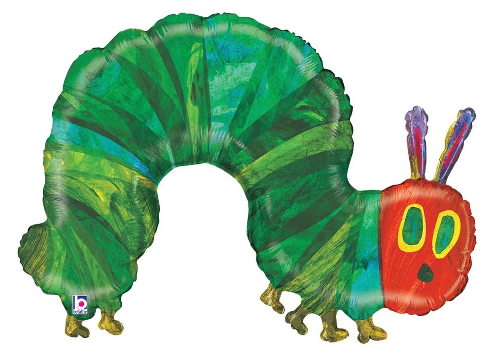 Green and red foil balloon shaped like The Very Hungry Caterpillar with yellow legs and colorful antennae.