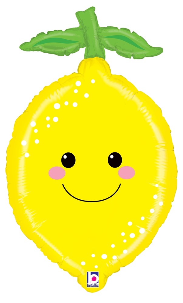 Bright yellow lemon-shaped foil balloon with smiling face and green leaves at top.