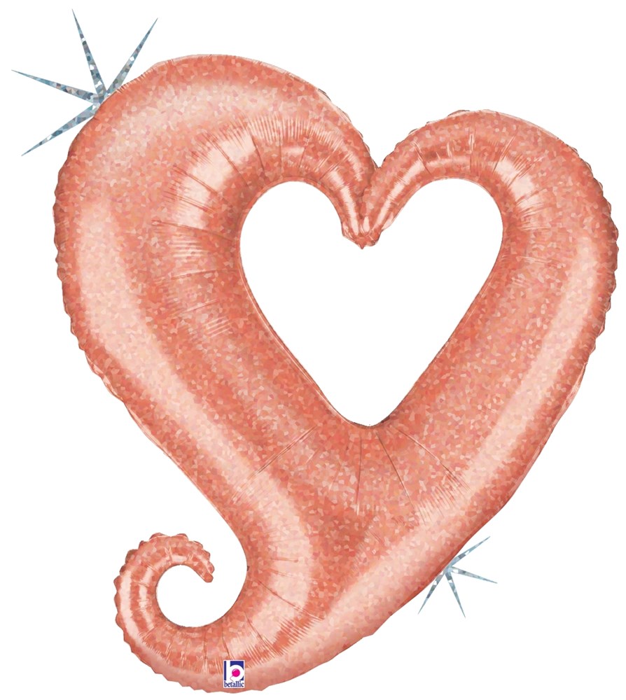 Rose gold holographic foil balloon shaped like a heart with a curled tail at the bottom.